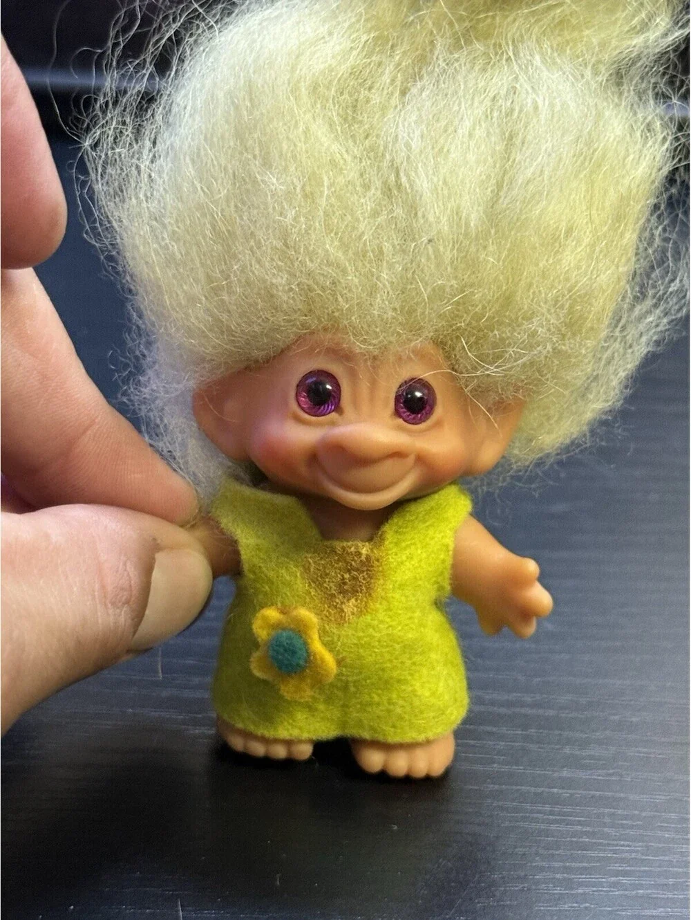 Vintage Mini Troll Doll Yellow Hair Green Felt Outfit Flower 3”